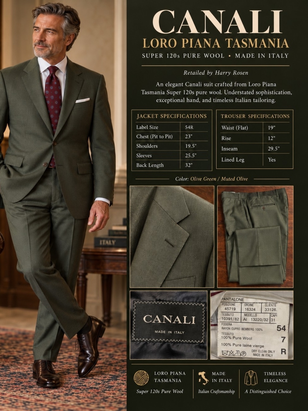 Canali EU 54R / US 44R Loro Piana Tasmania IWS Super 120s Olive Wool Suit